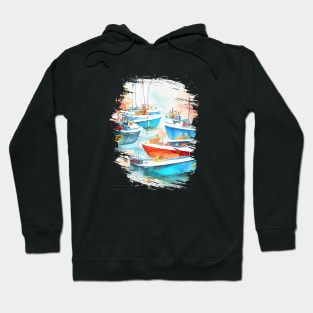 Fishing Boat Port Landscape Scenery Nature Watercolor Art Painting Hoodie